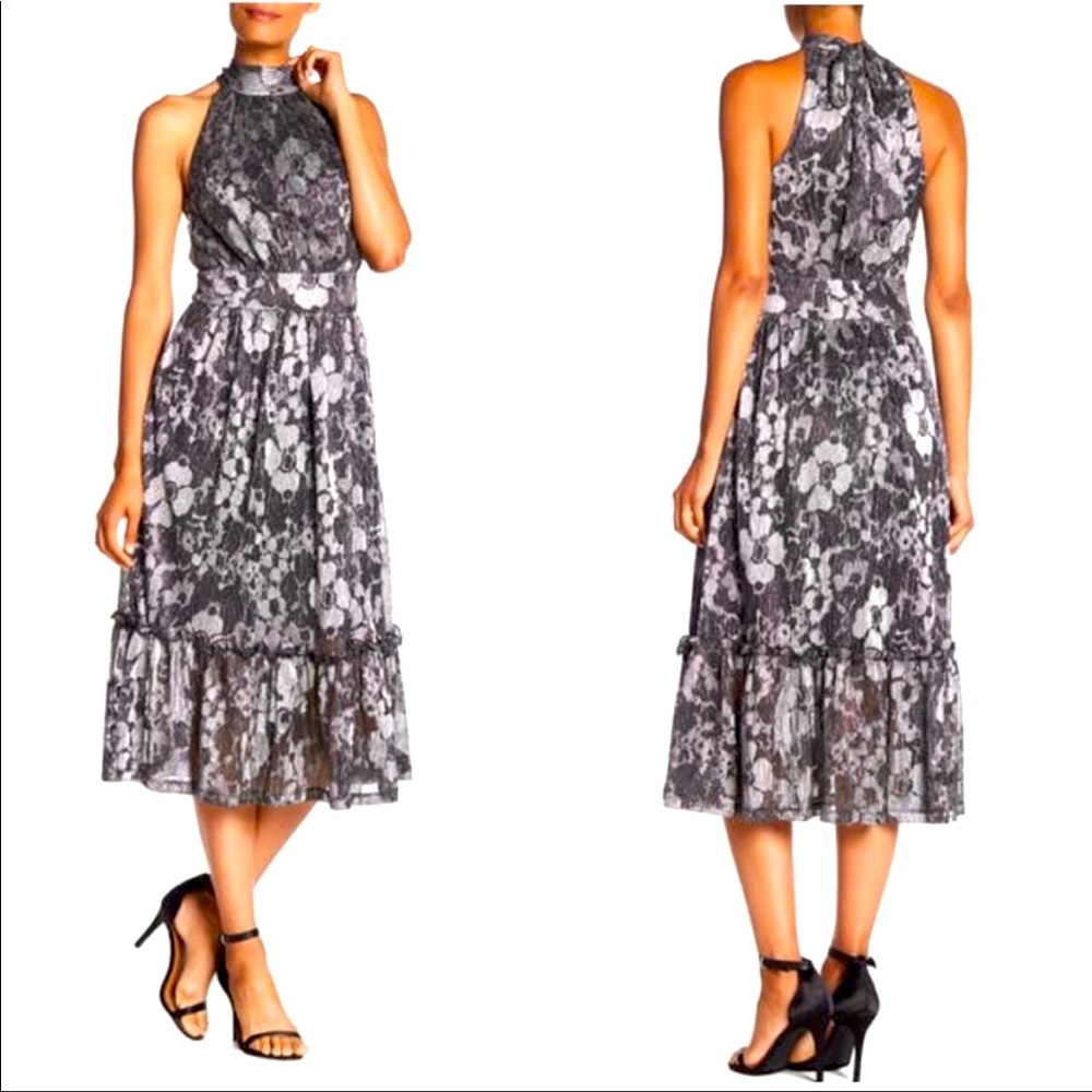 Michael Kors metallic tiered halter midi dress